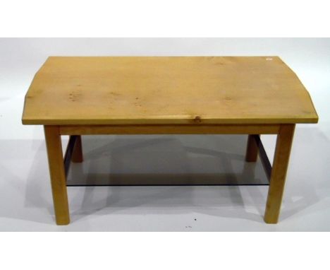 Pale wood rectangular-top coffee table with smoky glass shelf below, on square supports, length 98cm 