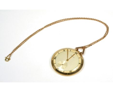 A 9ct gold open faced pocket watch, retailed by Garrard, with attached chain, clasp stamped 9c 
