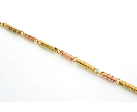 A two colour bracelet, converted from an albert, of alternating rose and yellow metal fancy links, with clip fitting, length 
