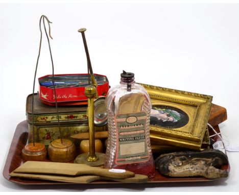 Assorted collectable items including a floral decorated hinged tin enclosing six spice tins, two 19th century Limoges enamel 