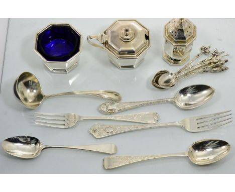 A silver three piece condiment set, Mappin & Webb, Birmingham 1937; A Victorian Christening fork and spoon; various further s