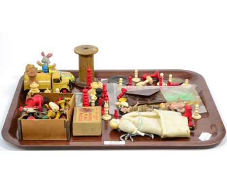 Tray of assorted collectors items including Corgi Toys Magic Roundabout car, Dinky Bedford Van, miniature bisque and china do