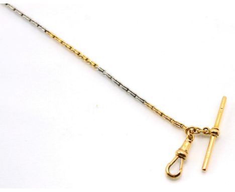 A two colour Albert chain necklace, of alternating rose and white links, with a T-bar, clip and spring ring, length 36cm, sta