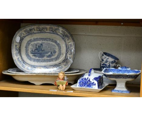 A 19th century willow pattern pedestal cake stand with moulded handles; three graduated blue and white meat plates including 