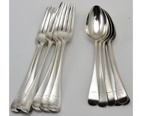 A group of Victorian silver Old English pattern flatware, Chawner & Co, London 1872, comprising: 5 table forks and 6 dessert 