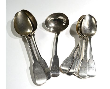 A group of silver fiddle pattern flatware, comprising: a matched set of six George III/Victorian dessert spoons (3 WE (no pel