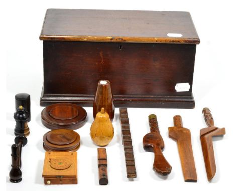 A collection of assorted 19th century and later treen to include a Mordan & Co rosewood item, probably a travelling inkwell (