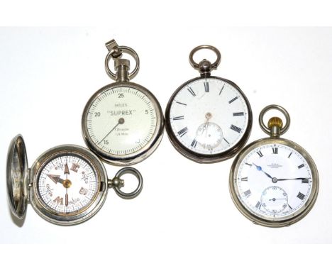 A silver open faced pocket watch, nickel plated pocket watch, military compass, and a Miles ''Suprex'' pedometer, (4) 