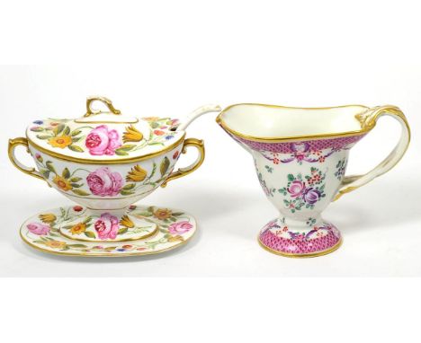 A porcelain sauce boat of Chinese export style, probably Sampson, Paris; and a 19th century sauce tureen, cover and ladle, de