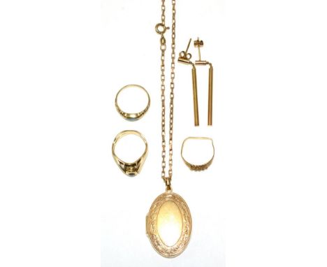 A locket pendant on a 9 carat gold chain, locket measures 4cm by 2cm, chain length 52cm; a pair of bar drop earrings, with po