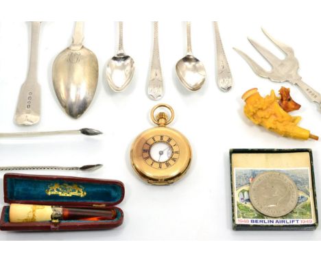 A gold plated half hunter pocket watch, meerschaum pipe, silver spoons and tongs etc 