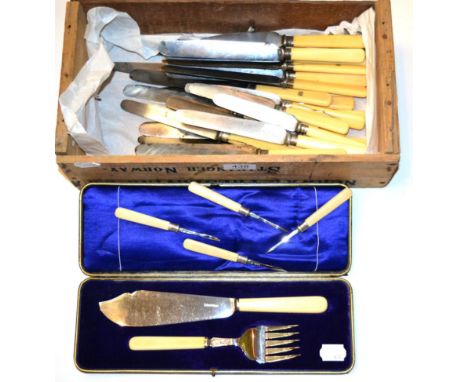 A pair of silver fish servers, Atkin Bros, Sheffield 1907, with ivory handles, in a fitted case; a set of four silver nut pic