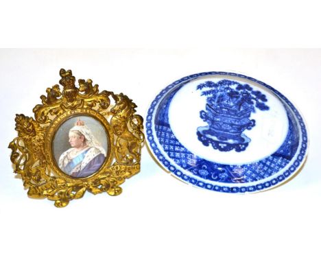 An 18th century Chinese blue and white dish bearing Cheng Hua reign marks (a.f.), together with a portrait miniature of Queen