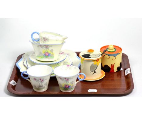 A Clarice Cliff Bizarre ware preserve jar and cover (a.f.), a Susie Cooper preserve jar and cover and a Shelley part tea serv