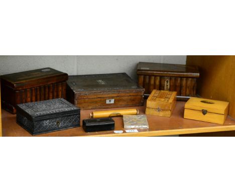 A 19th century carved Indian box; Mauchline ware; Victorian snuff box; Victorian mother-of-pearl card case; and four other bo