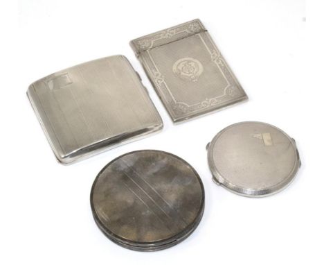 A Victorian silver card case, no maker's mark, Birmingham 1876, with engrved decoration; two Art Deco silver compacts; and a 