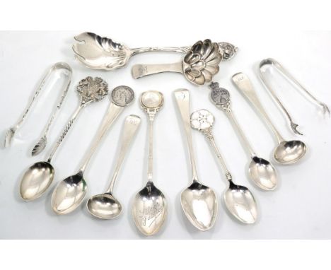 A Willaim IV silver caddy spoon, Ledsam Vale & Co, Birmingham 1830 with scalloped bowl; a pair of William IV silver salt spoo