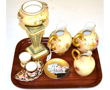 Five pieces of Royal Worcester blush ivory, two pieces of Royal Crown Derby Imari and a gilt decorated dish painted with a po