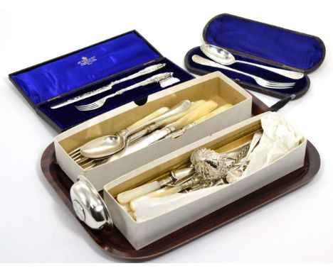 Six pairs of silver fruit knives and forks, WHM, Sheffield 1905; a Christening spoon and fork; a George III toddy ladle with 