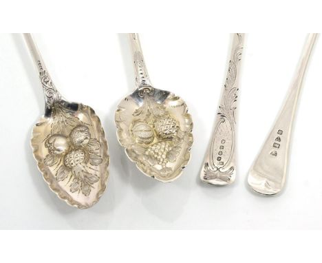 A pair of George III silver tablespoons, William Eaton, London 1816, later decorated as 'berry spoons'; another George III ex