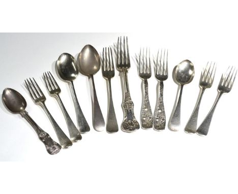 A group of assorted silver flatware, comprising: a Queens pattern table fork, 1893; a pair of American forks with fruit decor