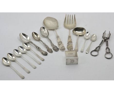 A pair of Edwardian silver servers, Martin & Hall, Sheffield 1907; a set of six silver teaspoons, Birmingham 1926; three Amer