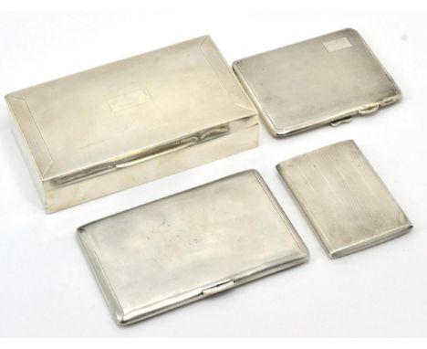 An engine turned silver cigarette box, Birmingham 1948 and three engine turned silver cigarette cases, the box 15cm wide, wei