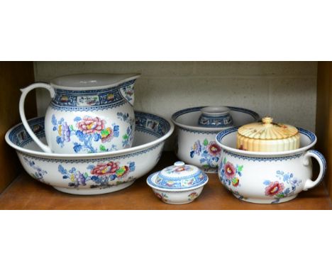 A Keeling & Co Losol ware Chusan pattern toilet set, comprising jug and bowl, two chamber pots, spill vase and a soap dish; a