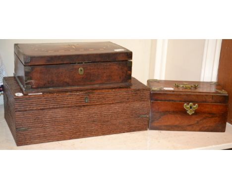An 18th century bone inlaid box, brass mounted caddy and a 19th century writing slope (3) 
