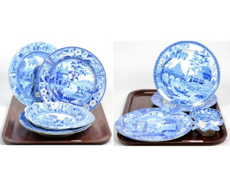 A quantity of 19th century blue and white plates and bowls comprising seven Spode and a bowl marked PERA, a Spode pickle dish