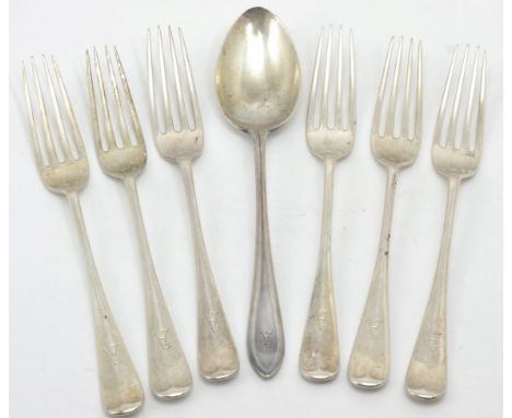 A set of six late Victorian silver table forks, Walker & Hall, Sheffield 1898; and a silver table fork of a different pattern