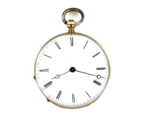 A Continental 18K gold cased small pocket watch, open faced, key wind, white enamel dial with black Roman numerals and minute