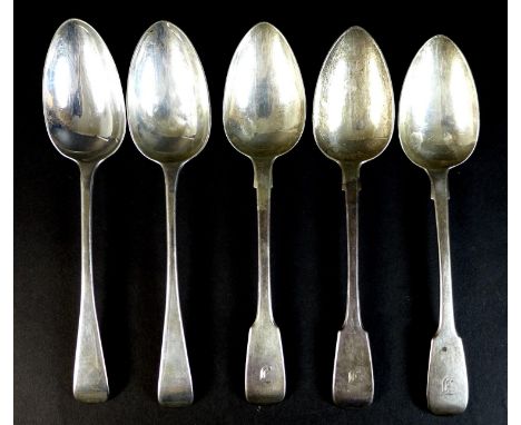 Five George IV and later silver table spoons, comprising a set of three old English fiddle pattern table spoons, with single 