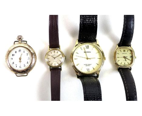 A Continental 14K gold open faced pocket watch, later converted with attached wire lugs to a wristwatch, keyless wind, cream 