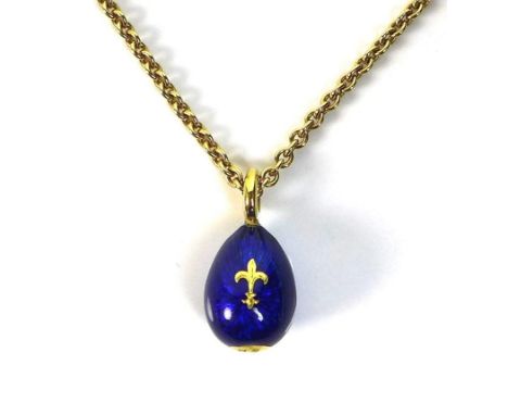 A Victor Mayer for Faberge enamel and 18ct gold egg pendant, the cobalt blue enamel with fleur de lis detail, complete with o