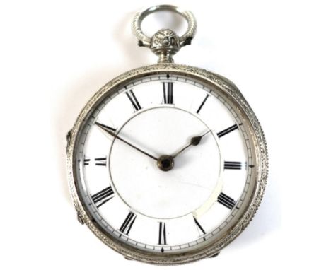 A Victorian silver open faced pocket watch, key wind, engraved with foliate, floral and scrolling decoration centred by two h