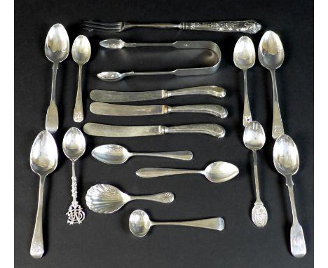 A group of Georgian and later silver flatwares comprising a pair of sugar tongs, Josiah Williams &amp; Co (James &amp; Josiah