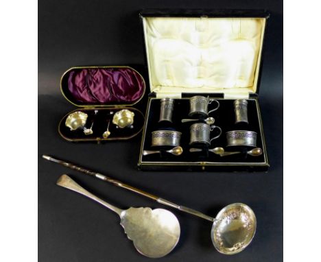 A collection Victorian and later silver cruet sets and flatware, comprising a Victorian cruet set, with two hexafoil form sal