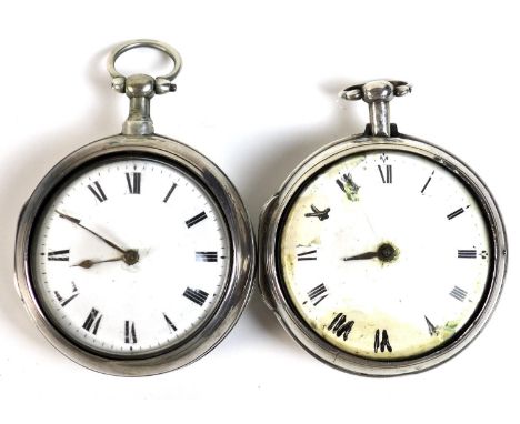Two pair cased, verge escapement pocket watches, each with enamel dials, and Roman numerals, and bulls eye glass, one movemen