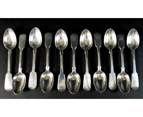 A collection of twelve Victorian fiddle pattern spoons, all with finials engraved with initial 'B', Thomas Hart Stone, Exeter