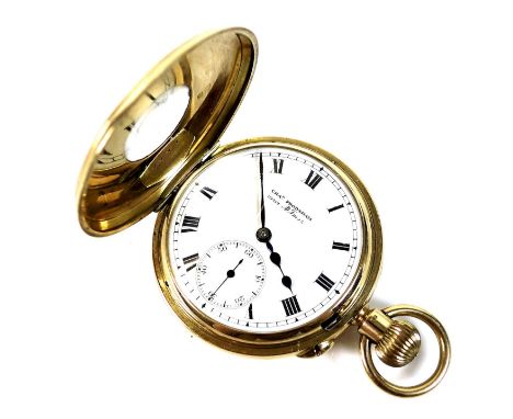 A George V Charles Frodsham 18ct gold cased half hunter pocket watch, keyless wind, number 09919, with enamelled black Roman 