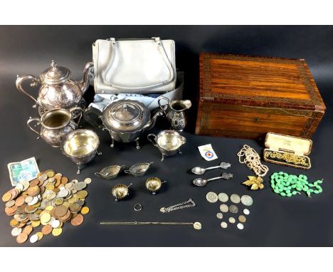 A collection of coins, silver, silver plate and vintage costume jewellery, including an 1859 Indian Head USA one cent, an 182