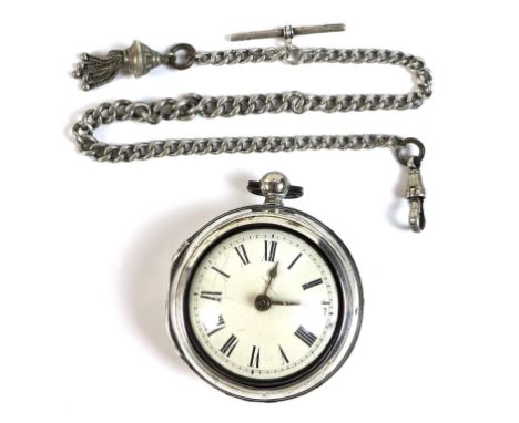 An early George III, mid 18th century, silver pair cased pocket watch, the white enamel dial with black Roman numerals, minut