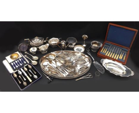 A collection of silver plated wares, including a three piece 'Plante' tea set all engraved with 'GGH' monogram, a teapot, 27.