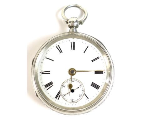 A Victorian silver open faced pocket watch, the white enamel face with Roman numerals, subsidiary second dial and blued and g