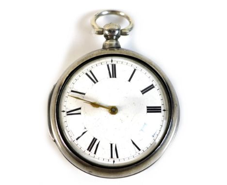 A George IV silver pair cased pocket watch, with white enamel face, Roman numerals and gilt hands, the verge escapement movem