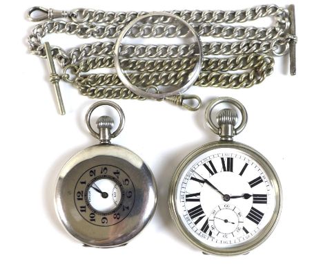 A silver cased half-hunter keyless wind pocket watch, Swiss made, marked to the enamel face for J. W. Benson, with Roman nume
