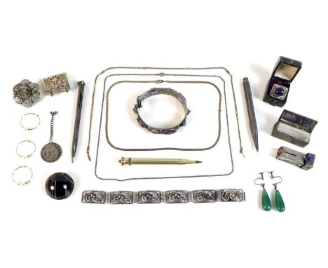 A collection of jewellery, including an 800 silver lipstick case, with fold-out mirror and blue cabochon, foliate engraved, 5