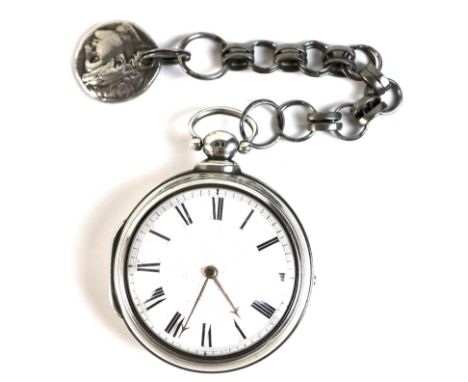 A William IV silver pair cased key wind pocket watch, the white enamel dial with black Roman numerals and minute track, gold 