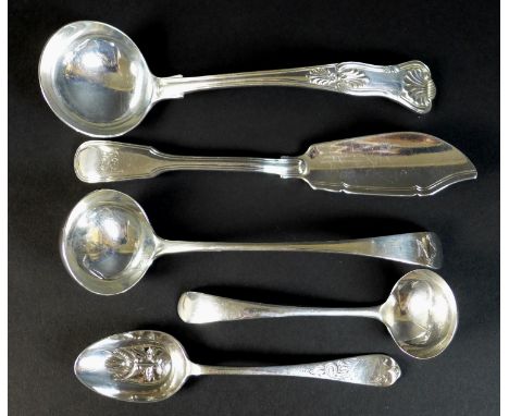 Five pieces of Victorian silver flatware, comprising three sauce ladles, one old English pattern, Martin, Hall &amp; Co., Lon